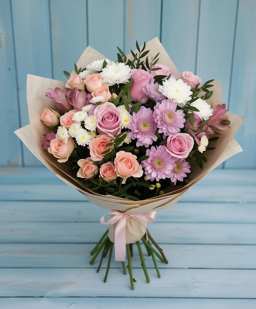 Букет цветов из: Хризантемы, Розы и Альстромерии в Самашки
