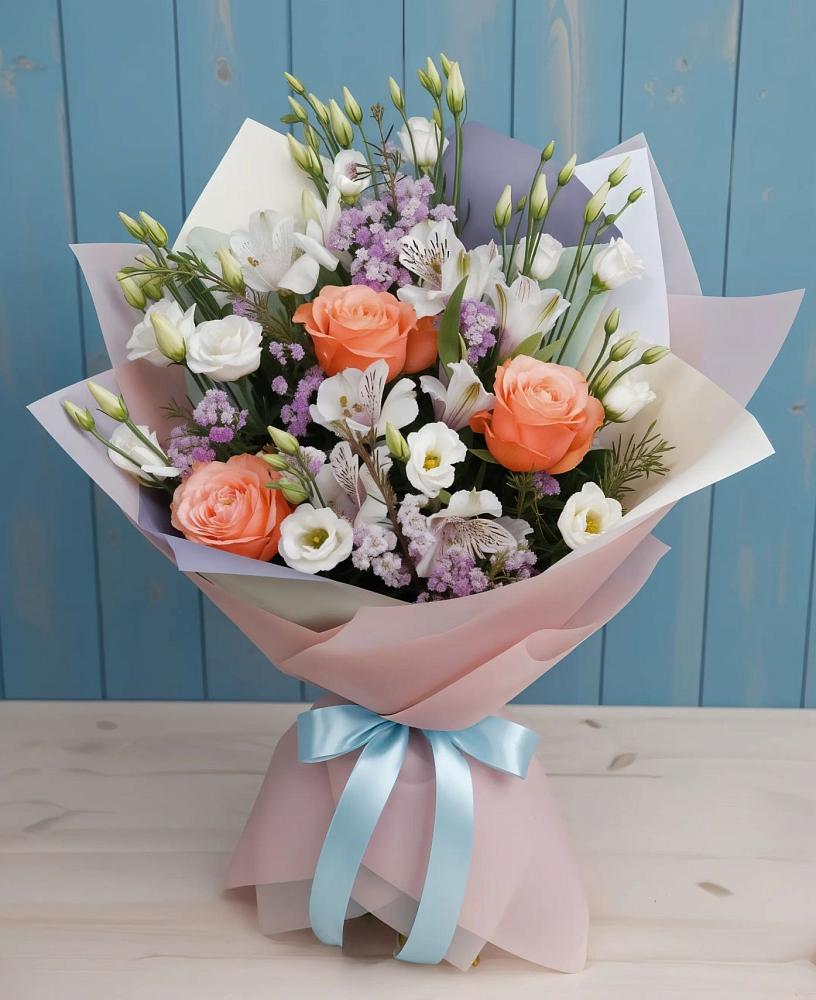 Букет цветов из: Лизиантусы, Розы, Альстромерии и Гипсофила в Самашки