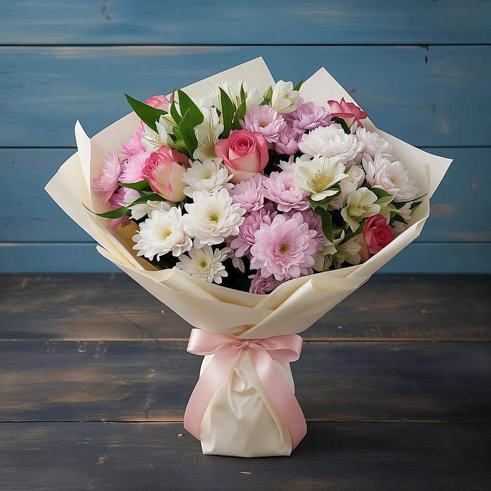 Букет цветов из: Хризантемы, Альстромерии и Розы в Самашки